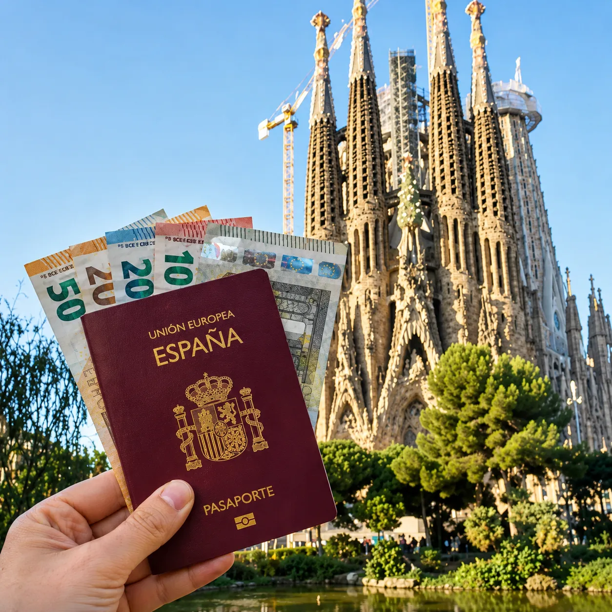 Mano sosteniendo billetes de euro y documentación frente a un edificio emblemático español, símbolo del acceso a la inversión inmobiliaria en España