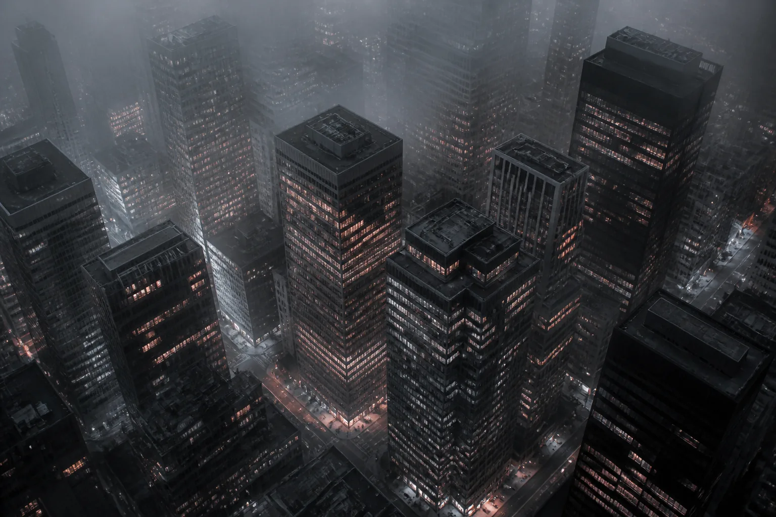 Vista aérea nocturna de un distrito de negocios con rascacielos de oficinas