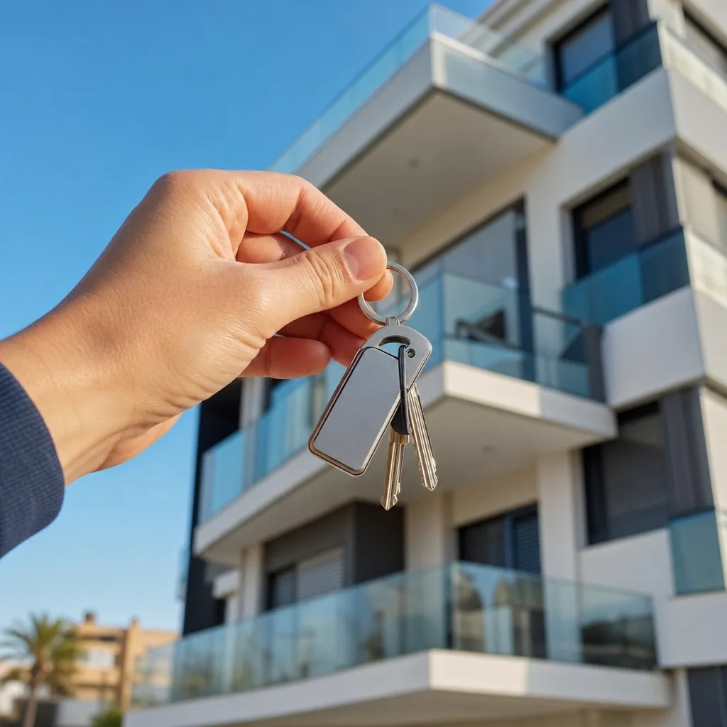 Una mano sostiene las llaves de un piso moderno en primer plano, con un edificio residencial español contemporáneo desenfocado al fondo
