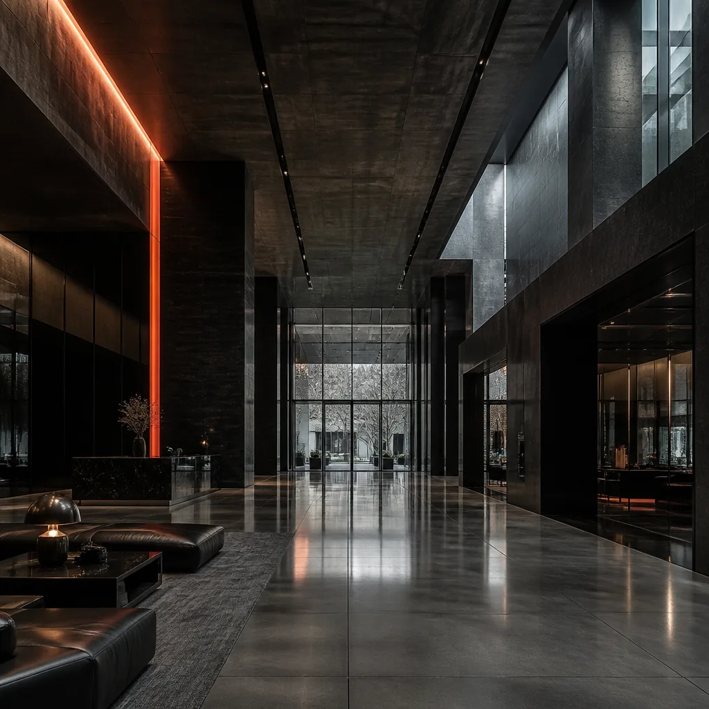 Vestíbulo corporativo moderno de hormigón y cristal oscuro