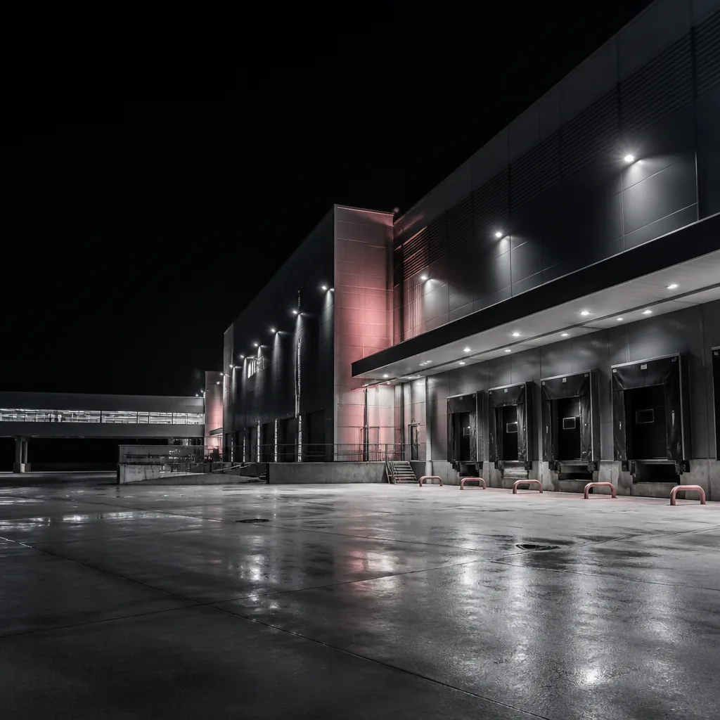 Nave logística moderna con muelles de carga de noche