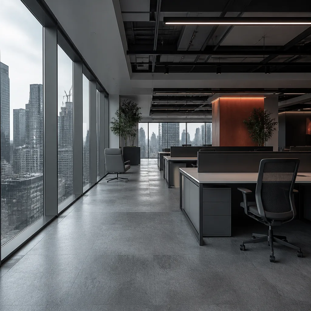 Interior de una oficina diáfana con ventanales sobre la ciudad