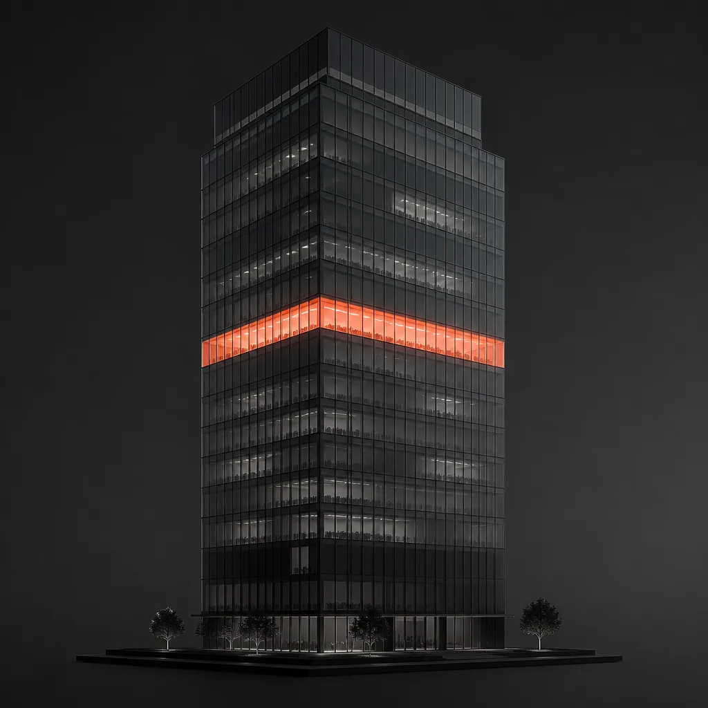 Ilustración de una torre de oficinas con una planta iluminada en coral que representa una participación